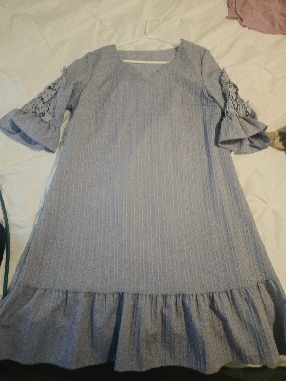 lavender ' Pinstripe Ruffle Dress with Lace Sleeves